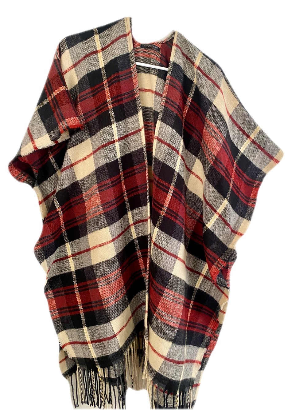 Do everything in love Red, Cream & Black Plaid Fringe Poncho